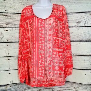 Studio Y Women’s XL Coral Pink Long Sleeve Sheer Blouse Studded Boho Print